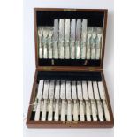 Late 19th / early 20th century cased set of eighteen pairs silver plated dessert knives and forks