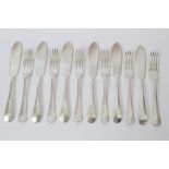 Set of six pairs 1930s silver Hanoverian pattern fish knives and forks (Sheffield 1937),