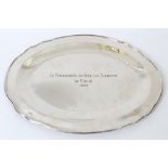 Contemporary Chilean white metal tray of shaped oval form,