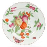 Mid-18th century Chelsea plate with polychrome fruit and insect decoration - brown anchor mark and