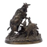 Pierre Jules Mene (1810 - 1879), bronze group of a nanny goat and kid, signed - 'P. J.