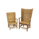 Pair of 19th century 'his and hers' pine and woven oat straw Orkney chairs - both of typical bowed