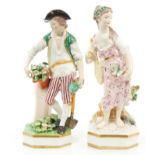 Pair 18th century Derby porcelain figures of a gardener with spade and flowers and fishergirl with