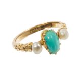 Victorian turquoise and pearl three stone ring with an oval turquoise cabochon flanked by two