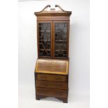 Edwardian mahogany satinwood and burr maple crossbanded bureau bookcase of narrow form,