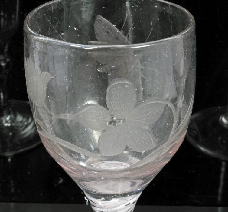 18th century wine glass with Jacobite-style engraved butterflies and floral decoration, - Image 3 of 8