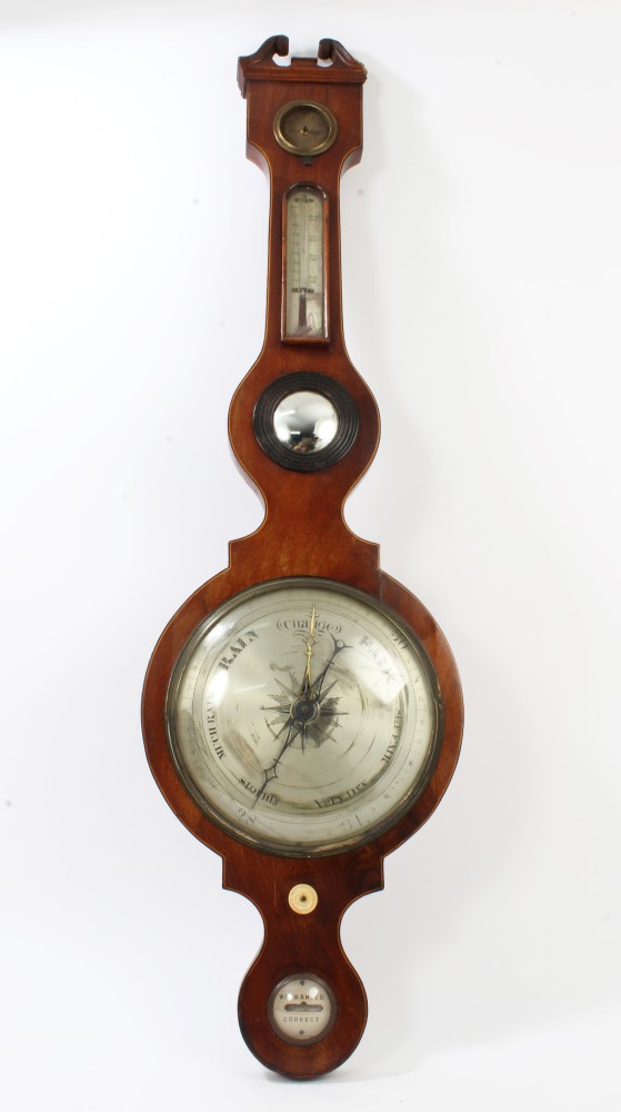 George IV banjo barometer with silvered dial and scales,