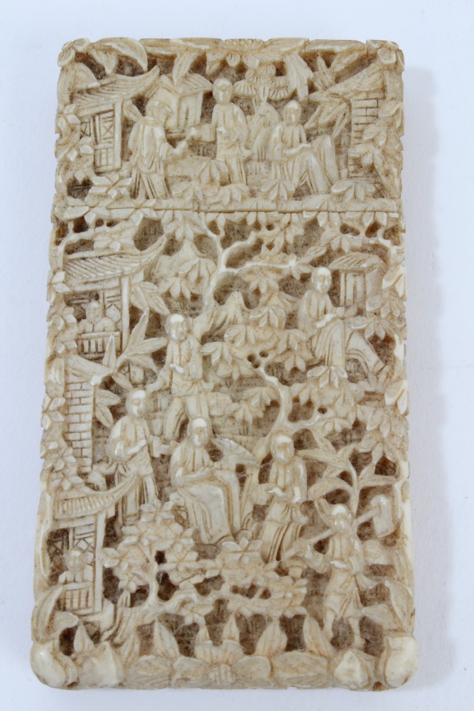 Small 19th century Canton carved ivory card case,