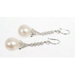 Pair cultured pearl and diamond pendant earrings,