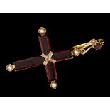 Antique garnet, diamond and pearl cross pendant with step cut garnets,