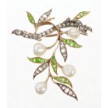 Victorian pearl, diamond and green garnet foliate spray brooch,
