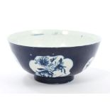 18th century Lowestoft blue and white bowl with chinoiserie figure,