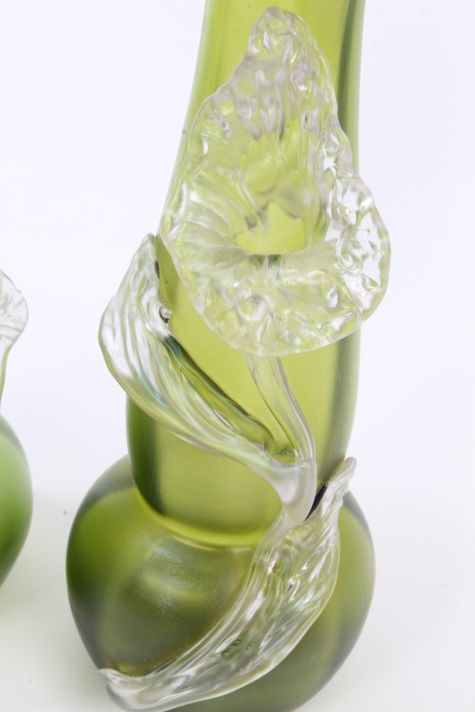 Pair Edwardian Art Nouveau green and clear glass vases with applied flower and stem decoration, - Image 6 of 6