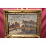 Early 20th century Continental School oil on paper - a figure before farm buildings,