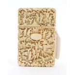 Very fine quality 19th century Canton carved ivory card case with vacant oval cartouche,