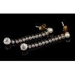 Pair pearl and diamond pendant earrings, each with an old cut diamond drop in claw setting,