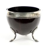 George III silver mounted coconut cup with silver engraved shield cartouche,