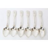 Set of six George IV Irish silver fiddle with rattail pattern dessert spoons with engraved armorial