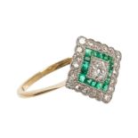 Art Deco-style diamond and emerald ring, the square cluster obliquely set,