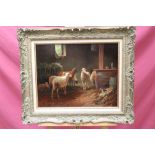 19th century-style oil on panel - sheep and puppy in a stable, indistinctly signed, in gilt frame,