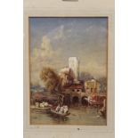 William Clarkson Stanfield (1793 - 1867), watercolour - figures in a rowing boat before a jetty,