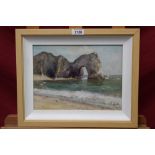 Owen Waters (1916 - 2004), oil on board - Durdle Door, Dorset, signed, framed, 21.