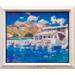 Contemporary Continental School oil on canvas - fishing boats in Pollensa harbour, Majorca,