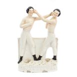 Rare Victorian Staffordshire pottery pugilist figure group, entitled - 'Heenan & Sayers',