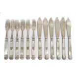 Fine quality set of six pairs 19th / early 20th century German fish knives and forks with silver