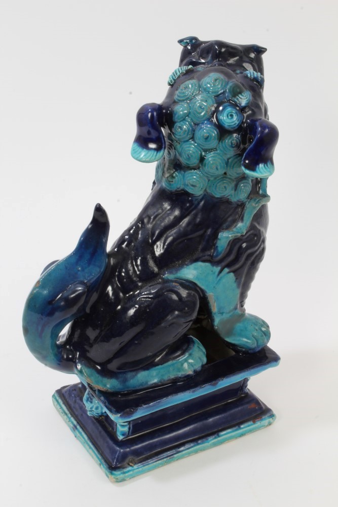 Antique Chinese blue glazed porcelain temple dog, raised on stand with lion mask mounts, - Image 5 of 6