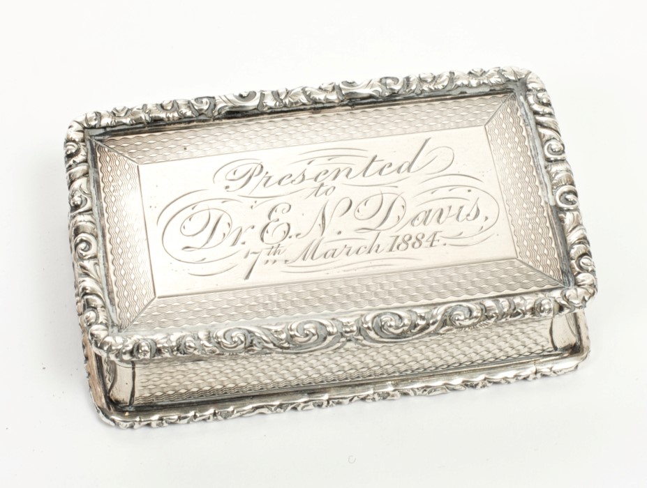 Victorian silver snuff box of rectangular form, with engine-turned decoration,