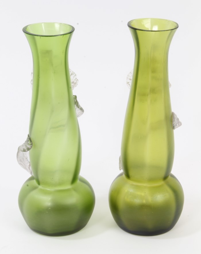 Pair Edwardian Art Nouveau green and clear glass vases with applied flower and stem decoration, - Image 2 of 6