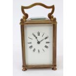 Late 19th century brass carriage clock with enamel dial, 14cm,