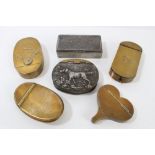 Collection of six 19th century brass or pewter snuff boxes