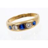 Victorian 18ct gold blue sapphire and diamond five stone ring with three mixed cut blue sapphires