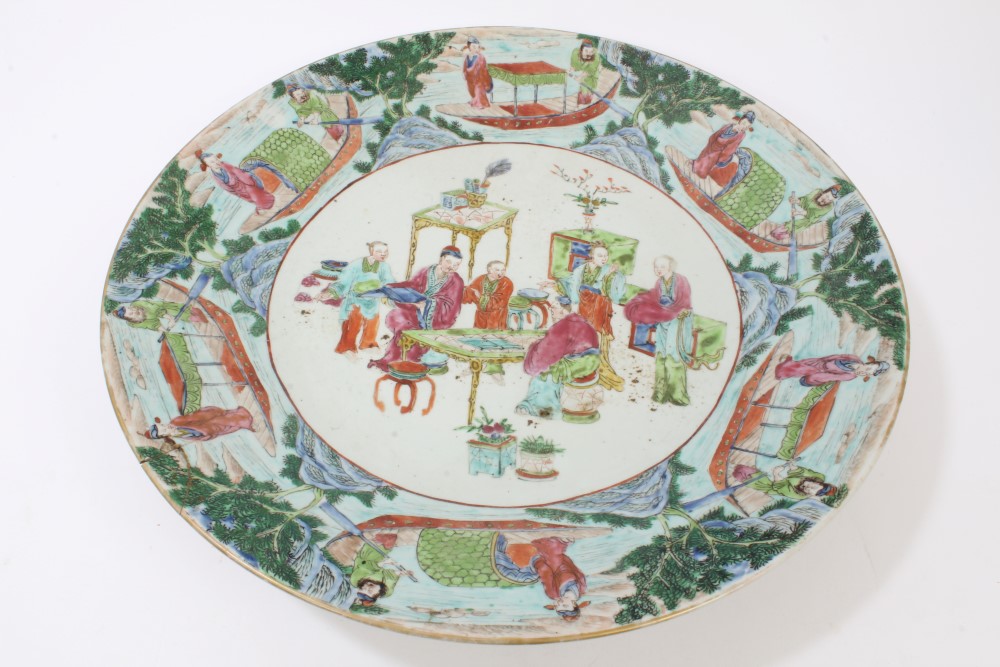 19th century Chinese famille rose porcelain charger with polychrome painted court scenes and figure