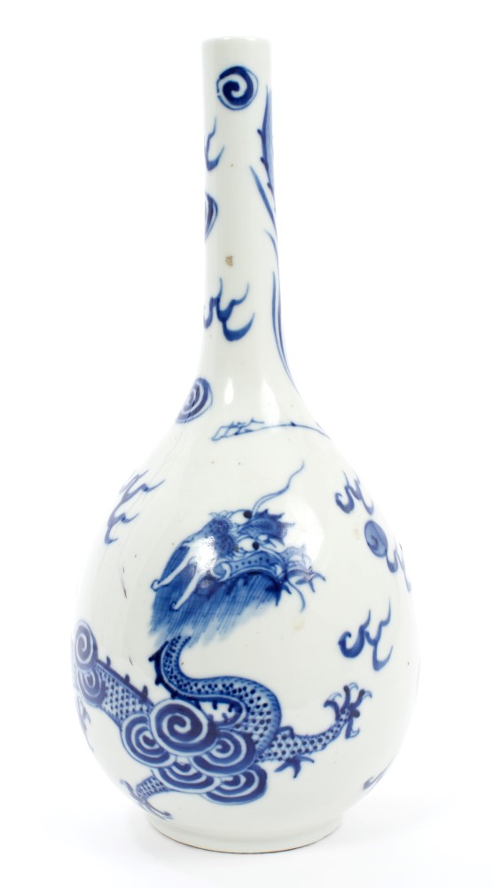 Chinese Qing blue and white bottle vase with painted hoho bird,