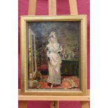Early 20th century Spanish School oil on mahogany panel - an elegant senorita in a lavish interior,