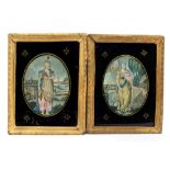 Pair of George III hand-coloured engravings in verre églomisé frames,