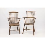 Pair of early 19th century ash and elm stick back Windsor chairs,