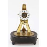 19th century French skeleton alarm clock with white enamel dial with central silvered alarm dial,
