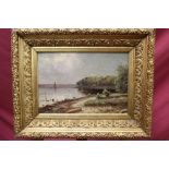 19th century English School oil on canvas - a coastal scene with a fishing vessel beyond,
