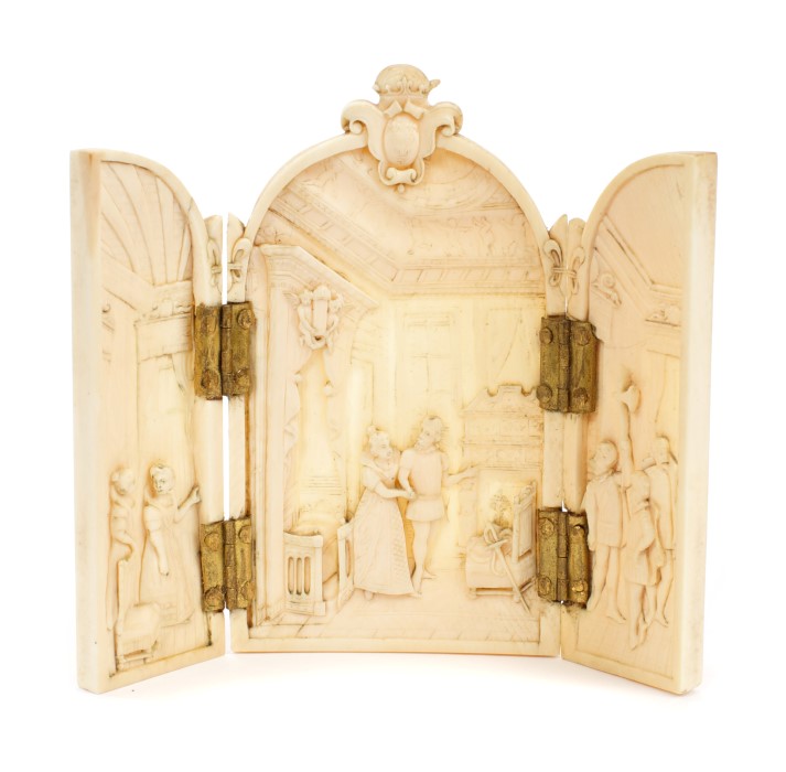 Rare 19th century carved Dieppe ivory triptych,