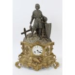 Late 19th century ornate French gilt metal and alabaster mantel clock with Joan of Arc in armour