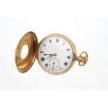 1920s gentlemen's 9ct gold half hunter pocket watch with Minerva seventeen jewel button-wind
