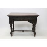 Highly unusual antique oak and hardwood side table with moulded rectangular projecting top,