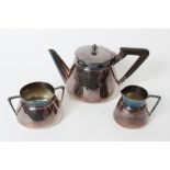 Edwardian silver three piece tea set - comprising teapot of tapering form, with ebonised handle,