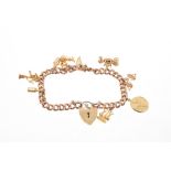 Gold charm bracelet with various 9ct gold charms on a 9ct rose gold curb link bracelet with padlock
