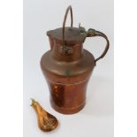 Antique copper gunpowder flask, 20cm, together with a large antique copper-lidded vessel,