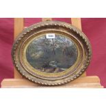 19th century English School oval oil on board - a wooded stream, indistinctly monogrammed,